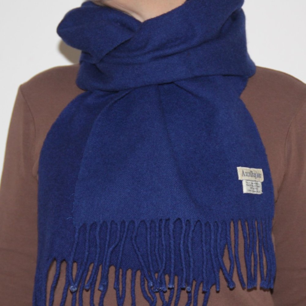 Ann Taylor Royal Blue Lambswool Fringed Scarf Vintage Made in Scotland 66 x11"